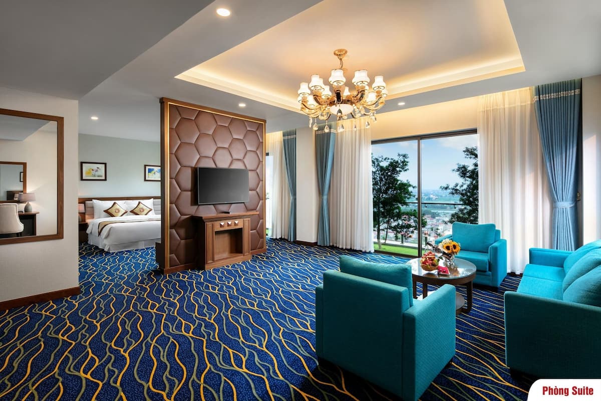 A hotel room with a large bed, a TV, a chandelier, and a view of the outdoors.