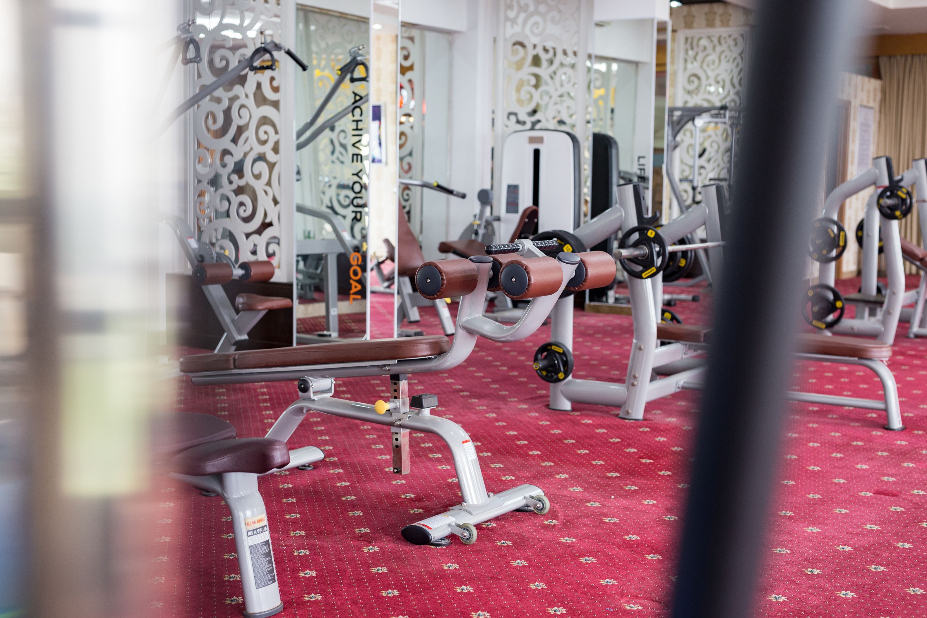 A gym with various exercise machines, a red patterned floor, and decorative wall panels.