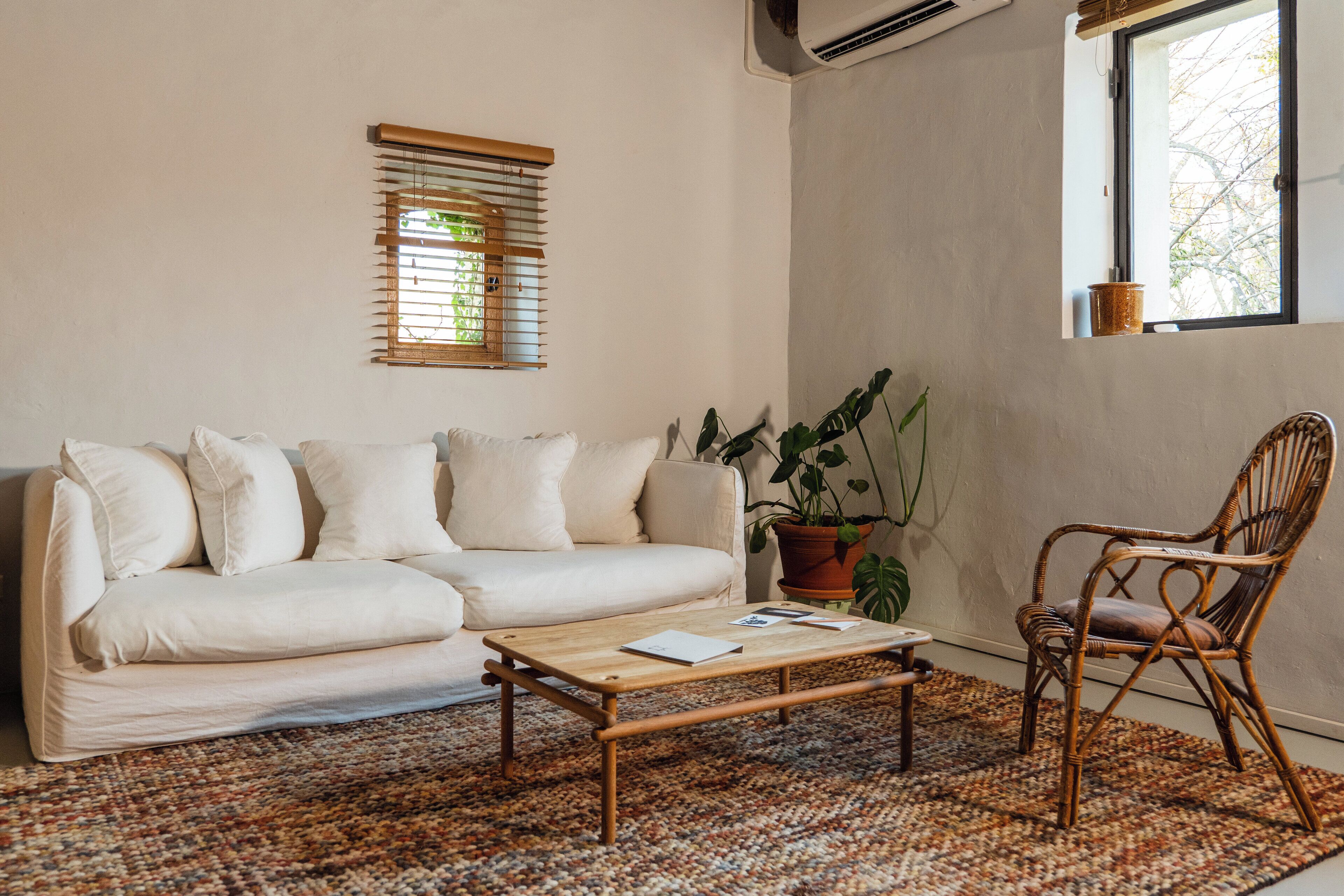 Una sala de estar con un sofá blanco, una mesa de centro de madera, un sillón de mimbre y una planta en maceta.