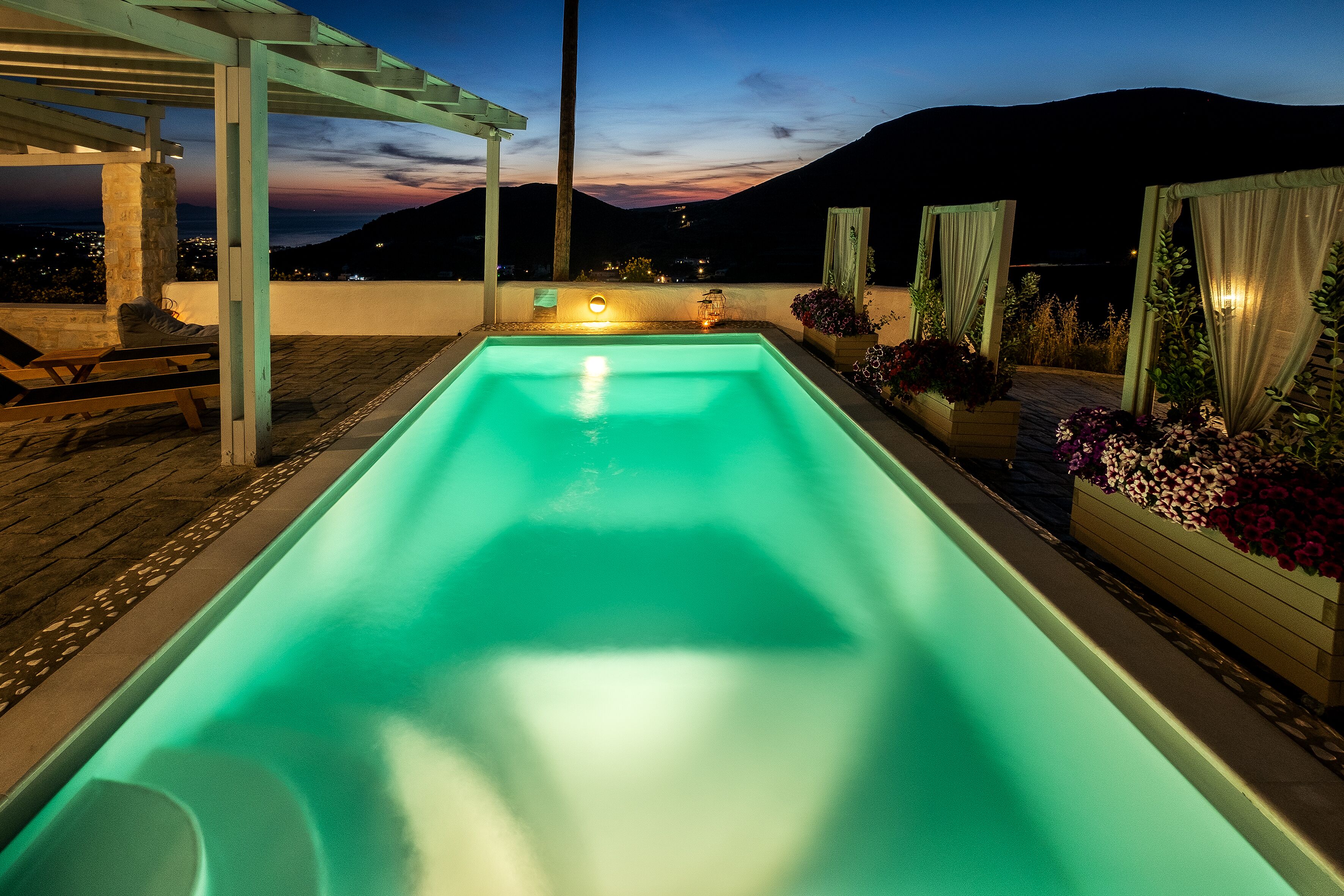 Outdoor pool, pool umbrellas, pool loungers