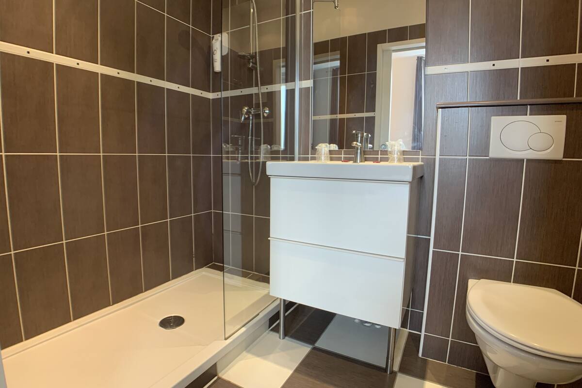 classic double room | bathroom | shower, free toiletries, hair dryer, towels