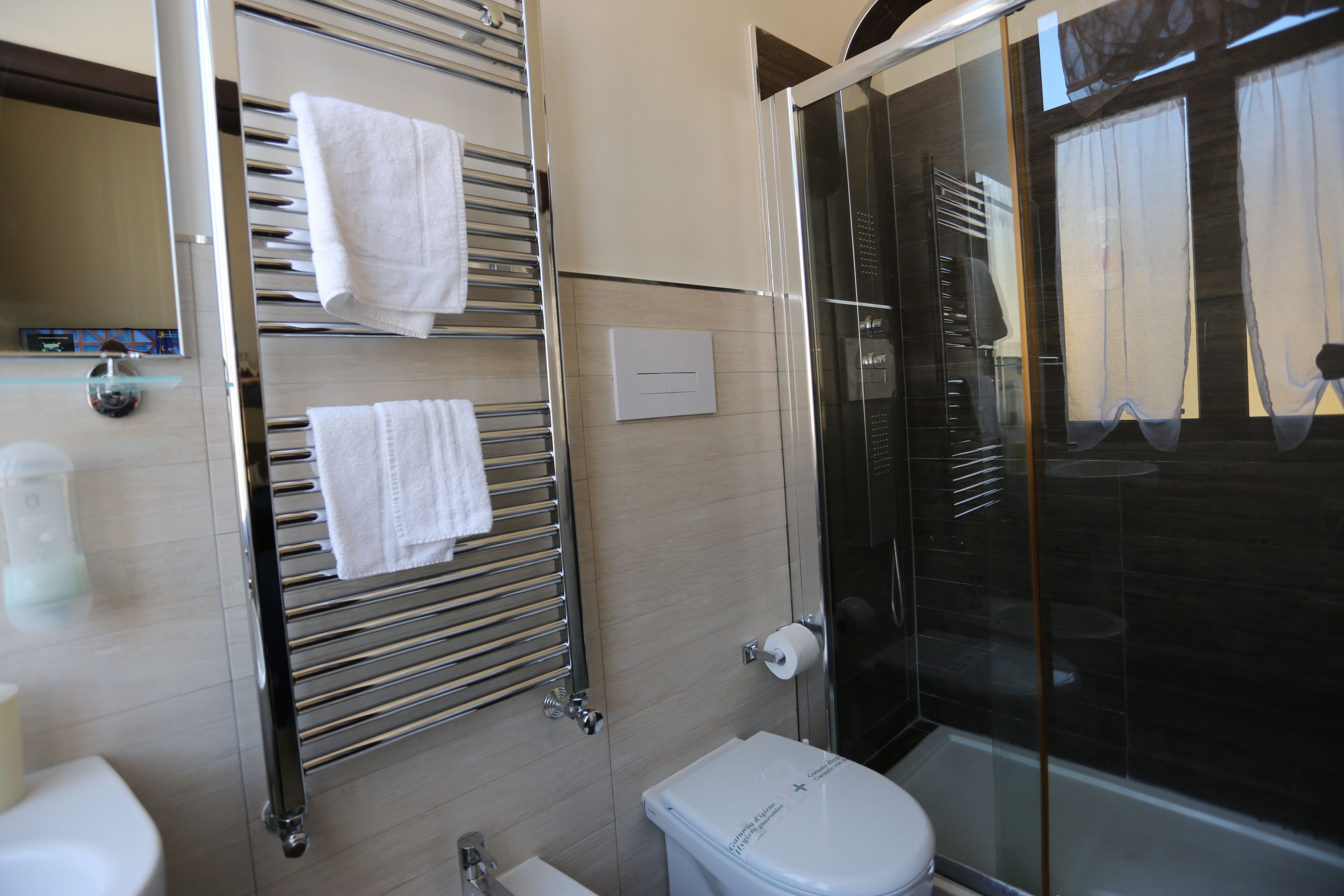 Ein modernes Badezimmer mit einer Duschkabine aus Glas, einer Toilette und einem Handtuchhalter mit zwei Handtüchern.