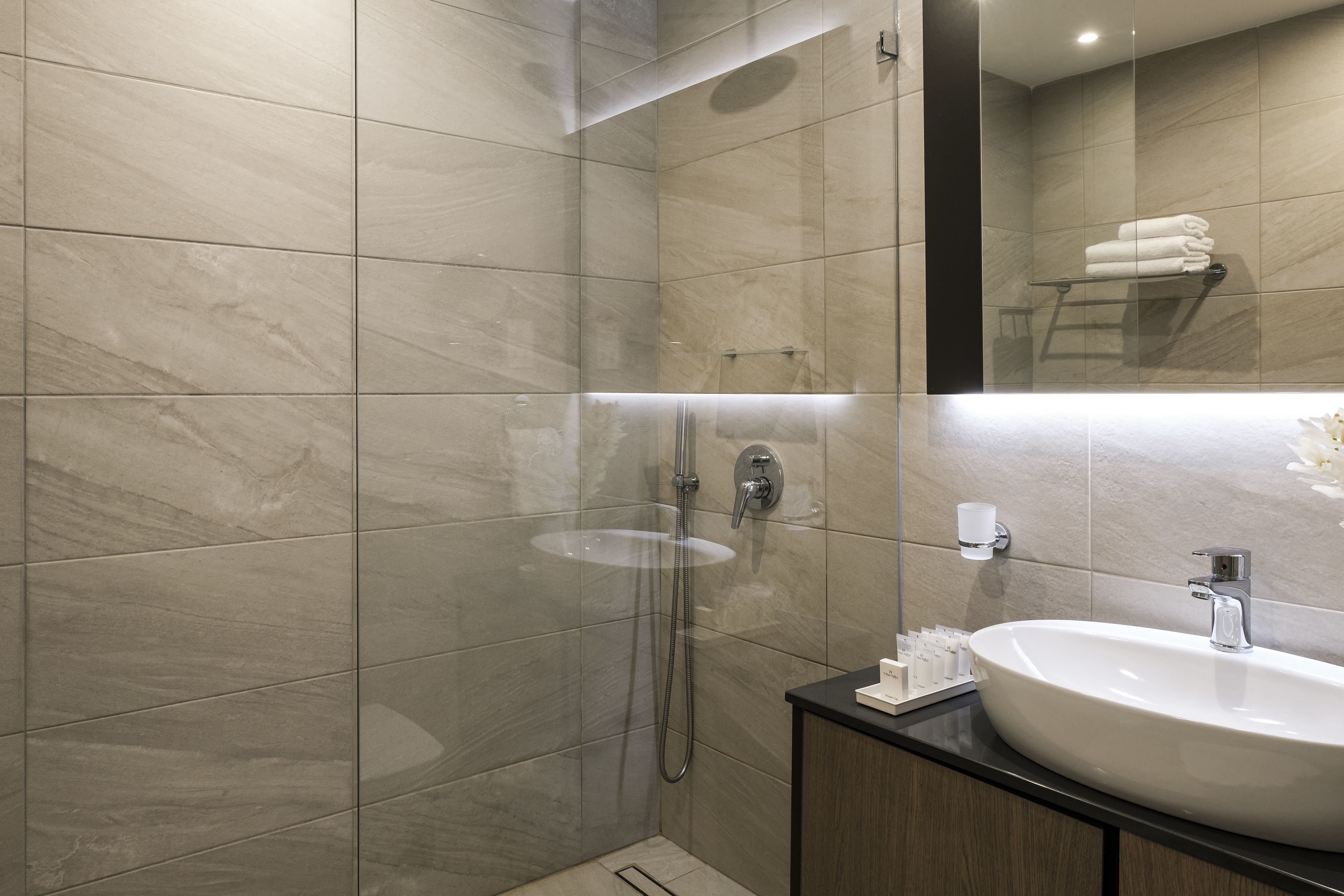 Une salle de bain moderne avec une douche à parois de verre, un grand lavabo et un miroir au-dessus du lavabo.