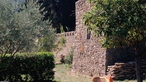 A pool area with lounge chairs, a table, and a stone wall. - Chateau d'Agel (Agel)