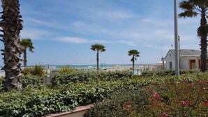 A beachfront hotel with a pool, palm trees, and a clear view of the sea.