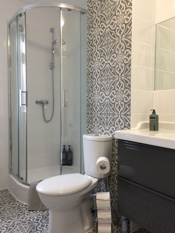 Ensemble baignoire-douche, séchoir à cheveux, serviettes fournies