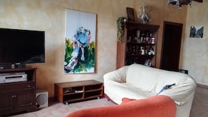 Una sala de estar con televisor, sofá, mesa de centro y estantería.