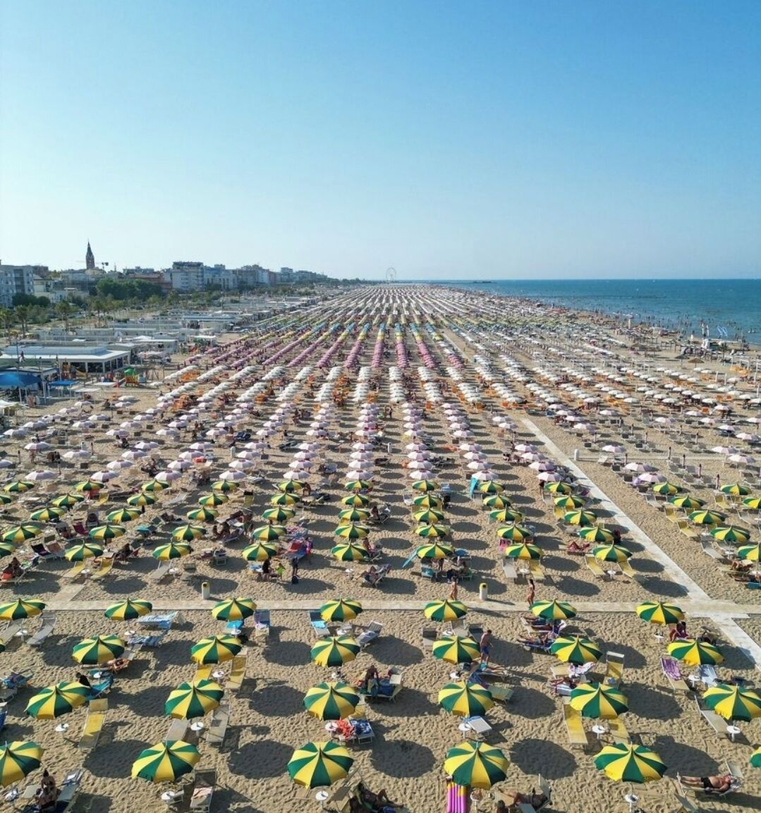 A beach with rows of beach umbrellas and sun loungers, a clear sky, and a distant view of a cityscape.