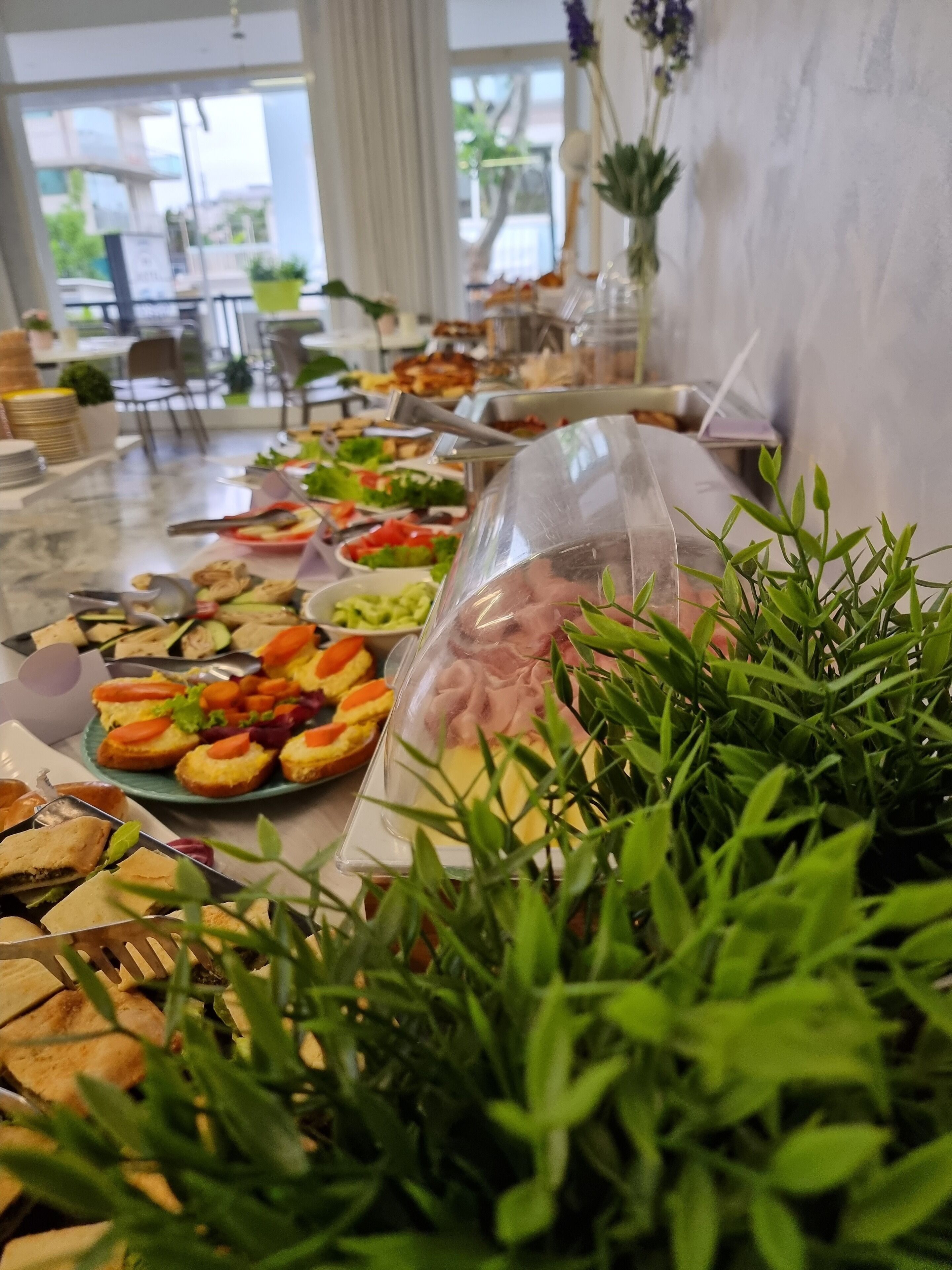 Uma mesa de buffet com diversos alimentos e um vaso de planta em primeiro plano.