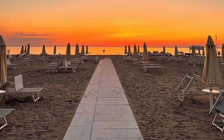 A beach with a paved walkway leading to the water, surrounded by beach chairs and umbrellas.