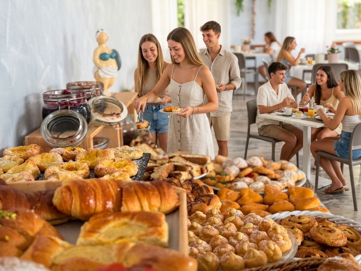 A buffet with various pastries and bread.