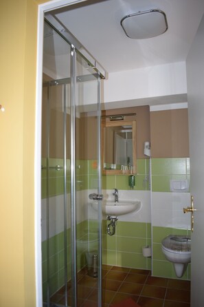 Un bagno con box doccia in vetro, lavandino e WC.