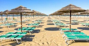 Una playa con filas de tumbonas y sombrillas de paja.