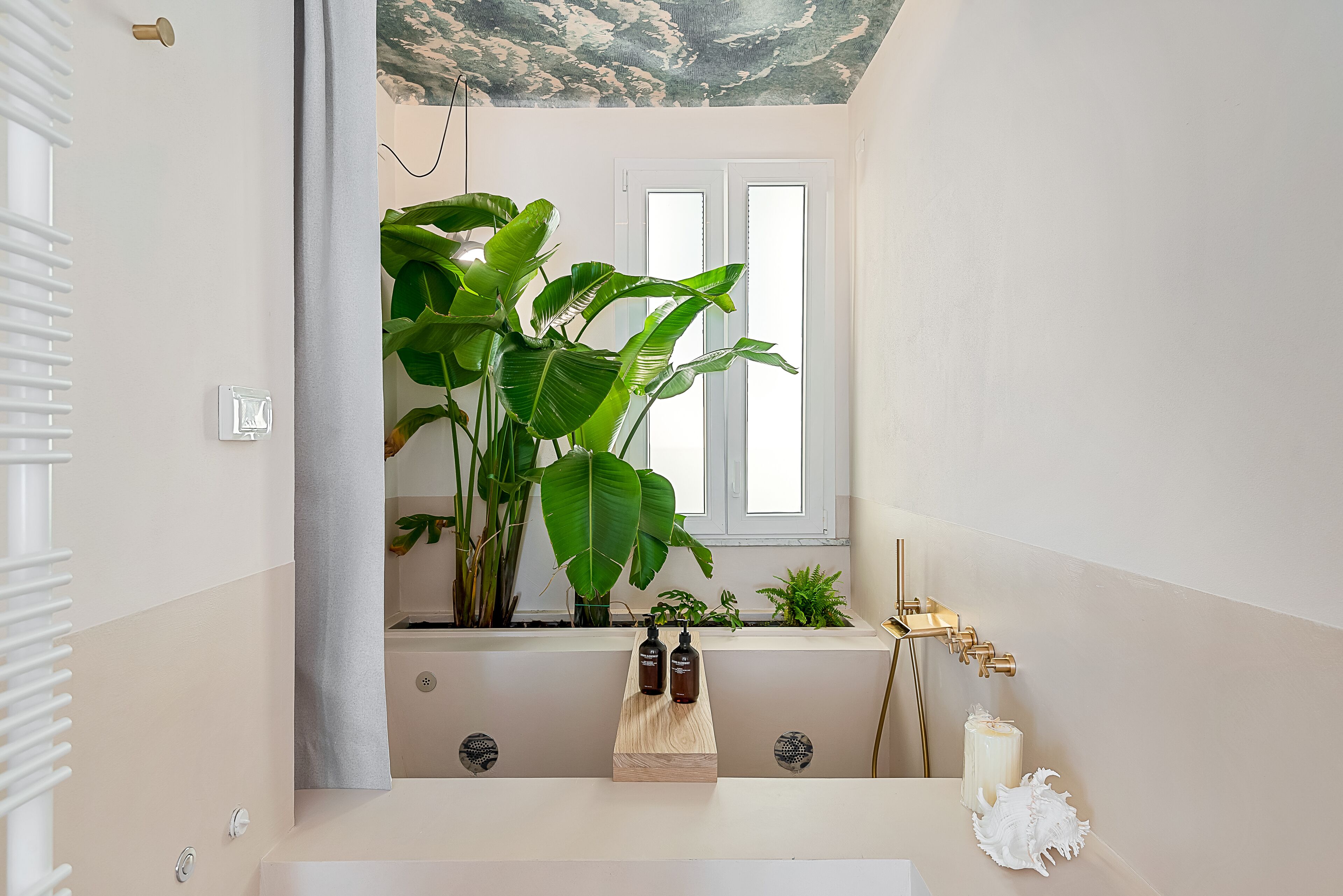 A bathroom with a bathtub, a window, and a plant.