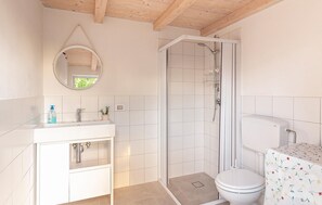 Bathroom features a white vanity, sink, and shower area with a glass door.