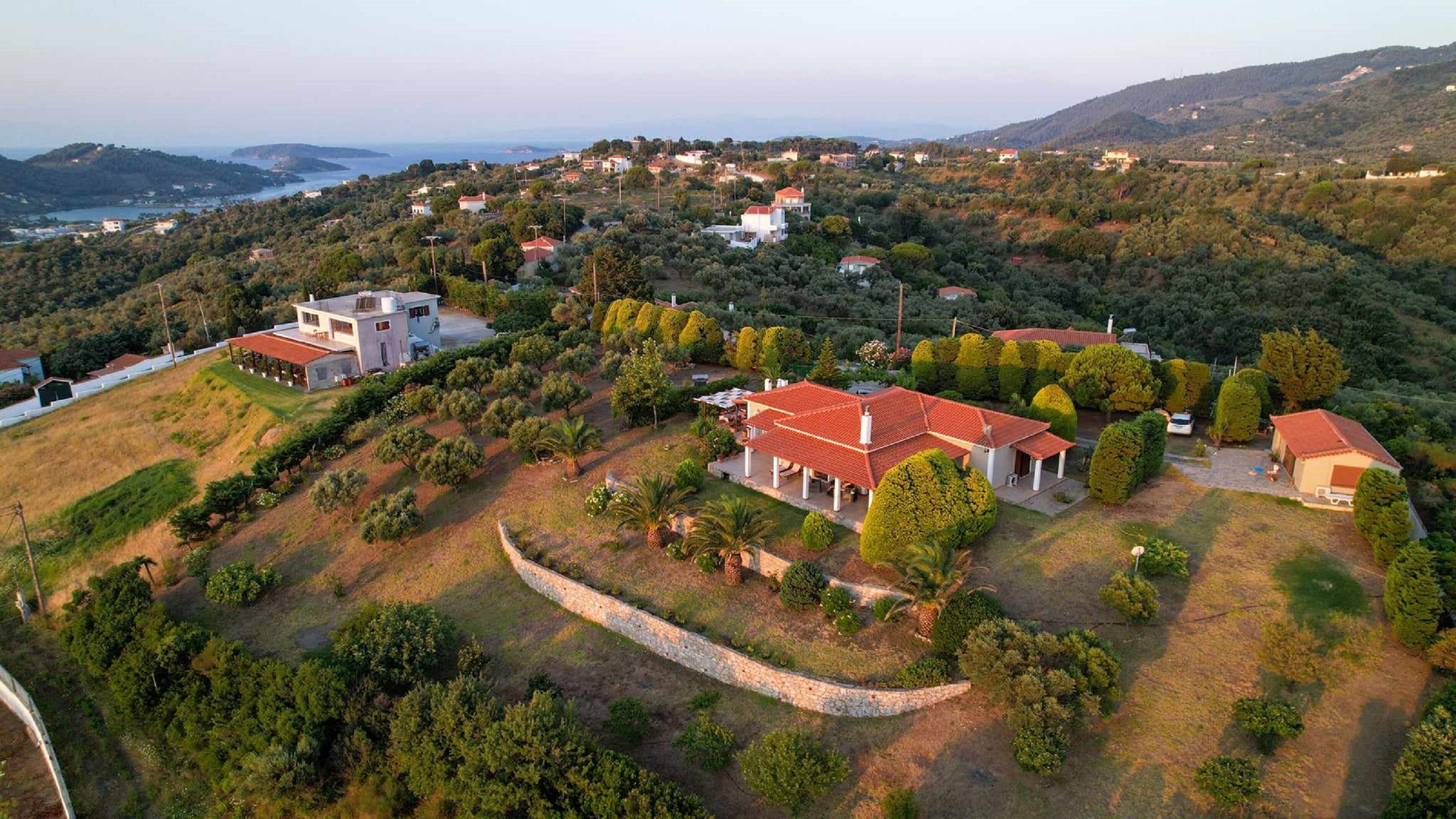An aerial view of a residential area with houses, greenery, and a body of water in the distance.
