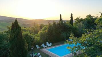 Ein Pool, umgeben von Grünpflanzen und weißen Liegestühlen.