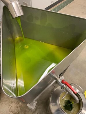 A metallic funnel-like structure with a green liquid inside, connected to a smaller container with a red handle. - Agriturismo Il Sambuco (Monteriggioni)