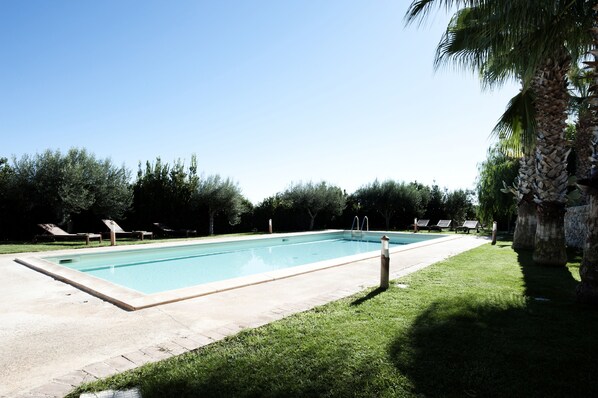 Outdoor pool, a lap pool, pool loungers