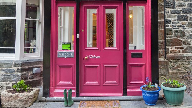 Een roze deur met een 'Welcome'-bord, een stenen muur en twee potplanten op de grond.