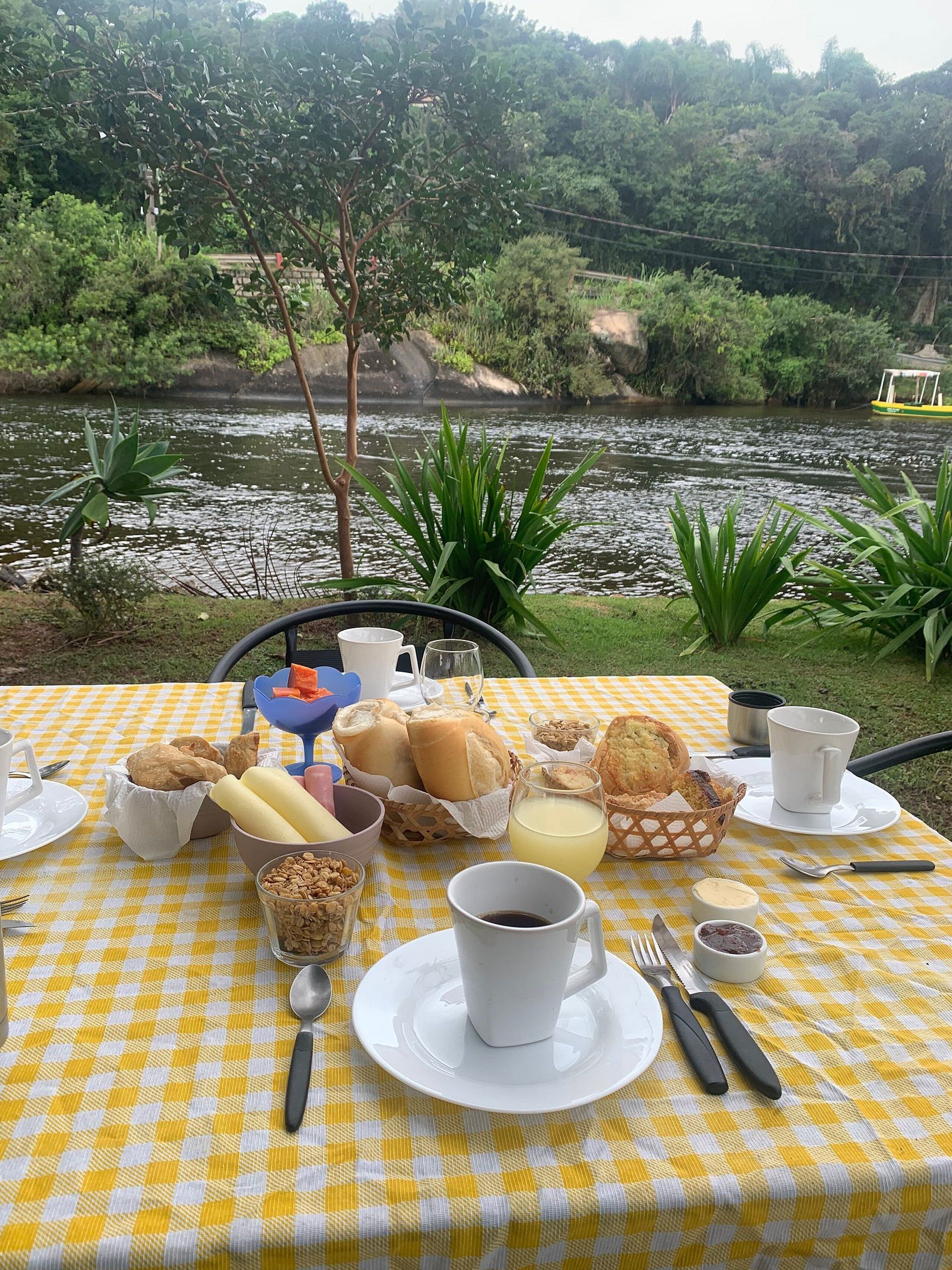 Mesa xadrez ao ar livre posta com comida e bebida, com vista para um rio, vegetação e um barco ao fundo.