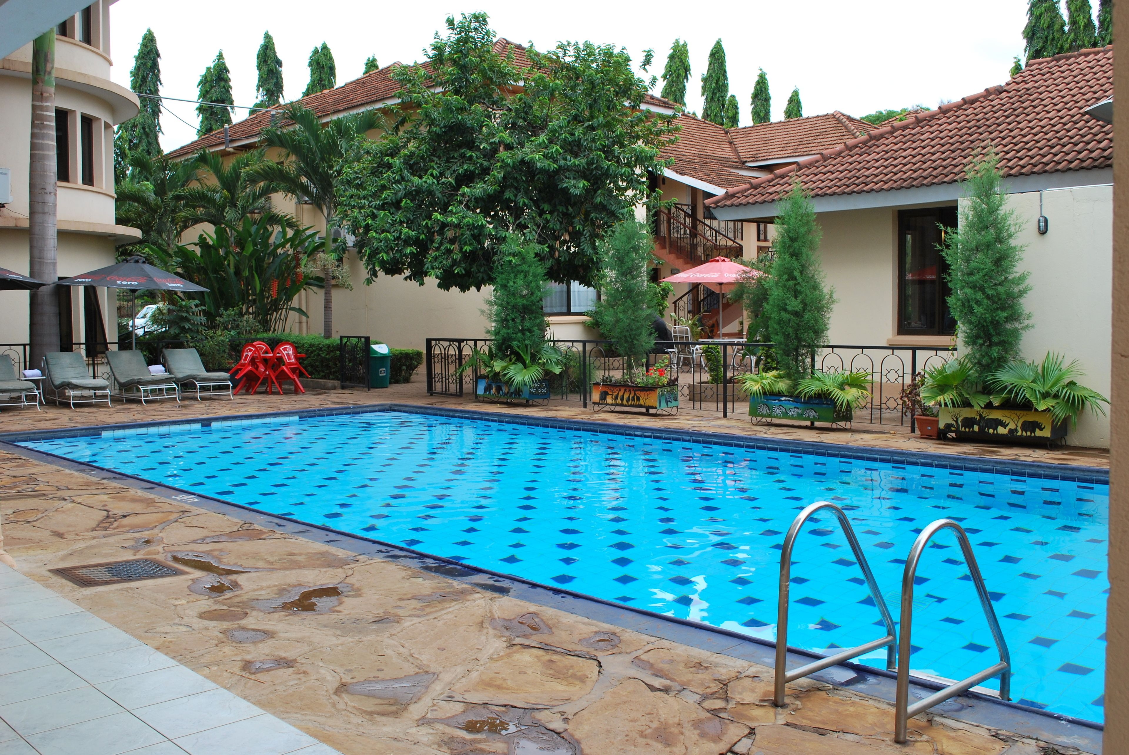 A swimming pool with a stone deck, surrounded by lounge chairs and umbrellas.