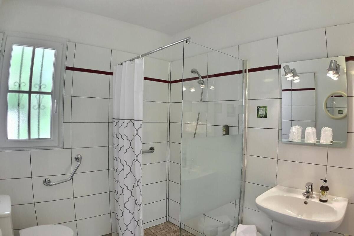 shower, free toiletries, hair dryer, towels