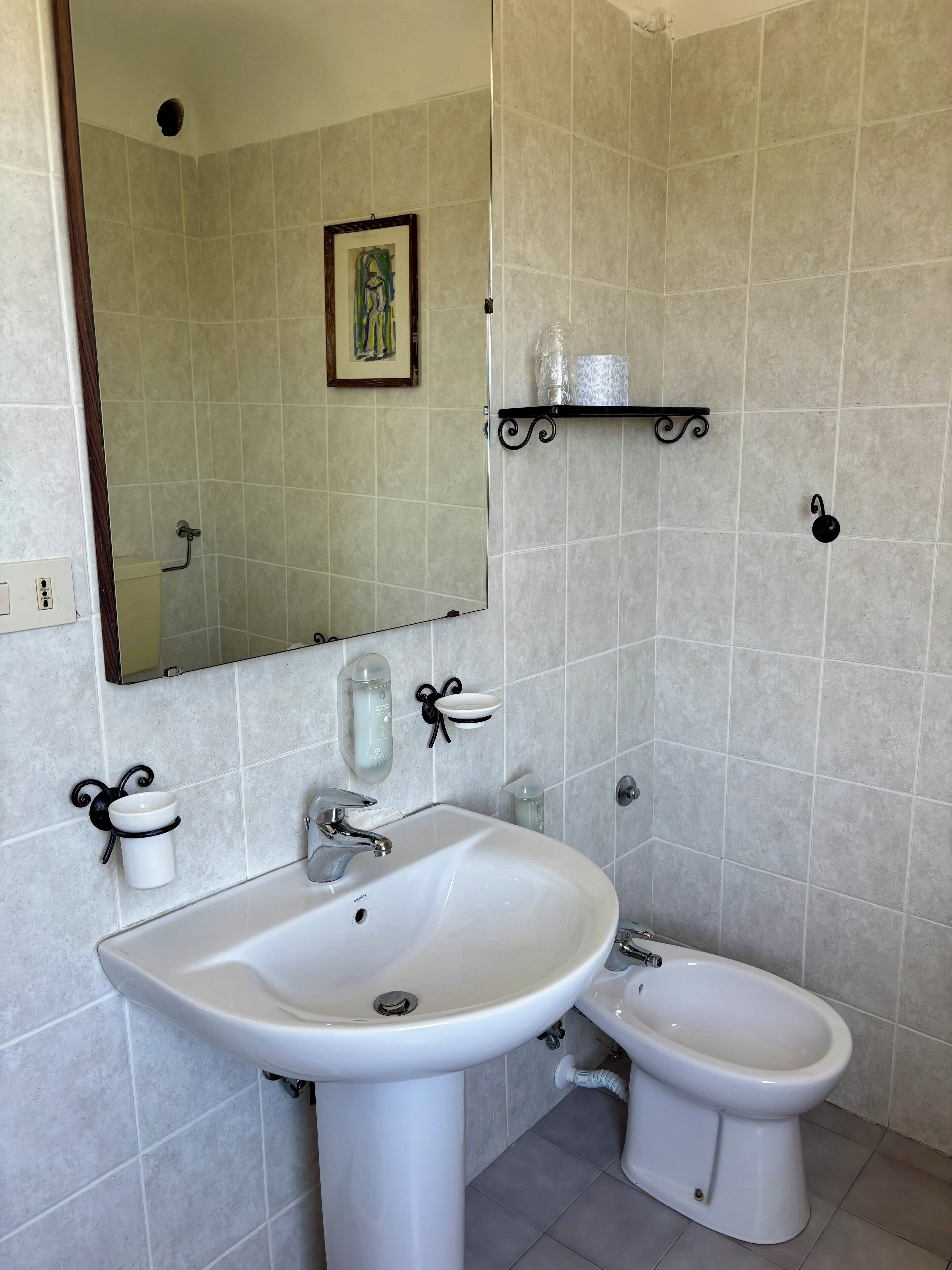 A bathroom with a white sink, a bidet, a mirror, and a shelf with toiletries.