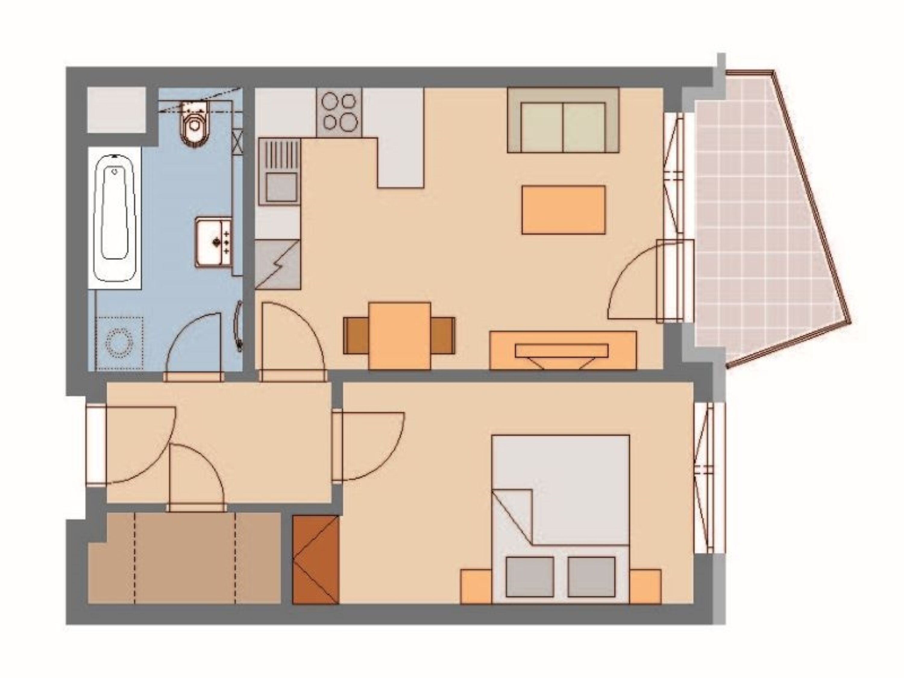 A floor plan of a hotel room with a bathroom, kitchenette, dining area, and a balcony.