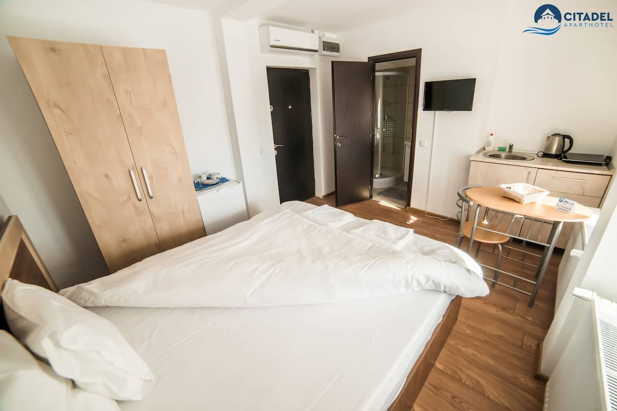 A hotel room with a bed, wardrobe, kitchenette, and a shower area.