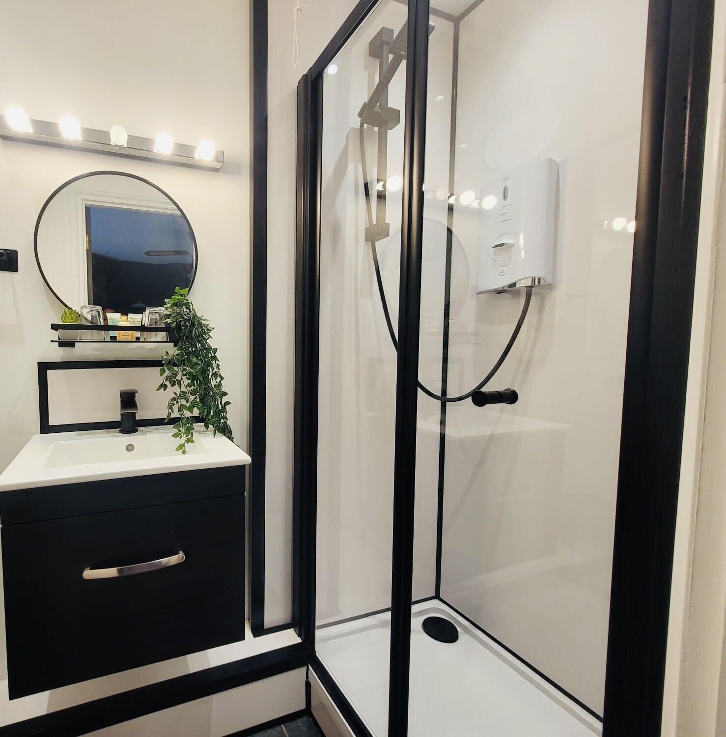 A modern bathroom with a glass-enclosed shower, a white sink with a black faucet, a mirror with lights above, and a small potted plant on the vanity.