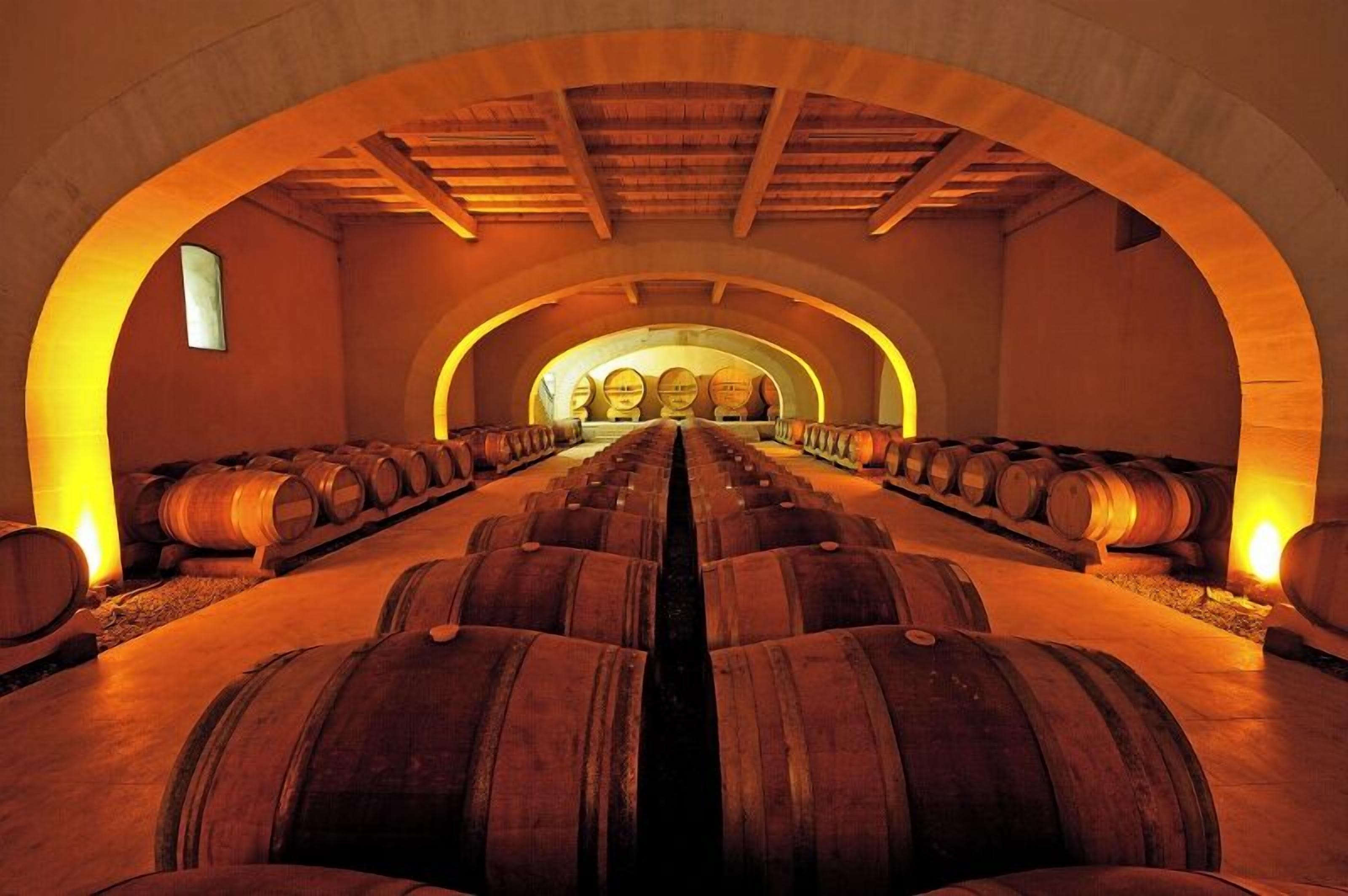 Una bodega con hileras de barriles de madera bajo techos abovedados.