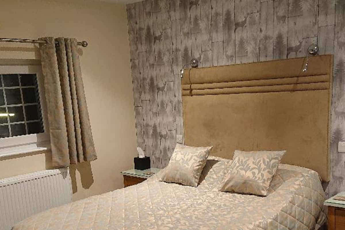 A bedroom with a large bed, a headboard, a window with curtains, a bedside table, and a radiator.