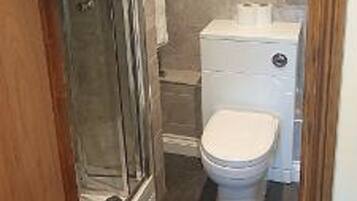 Un baño con cabina de ducha de vidrio, inodoro y lavamanos pequeño.