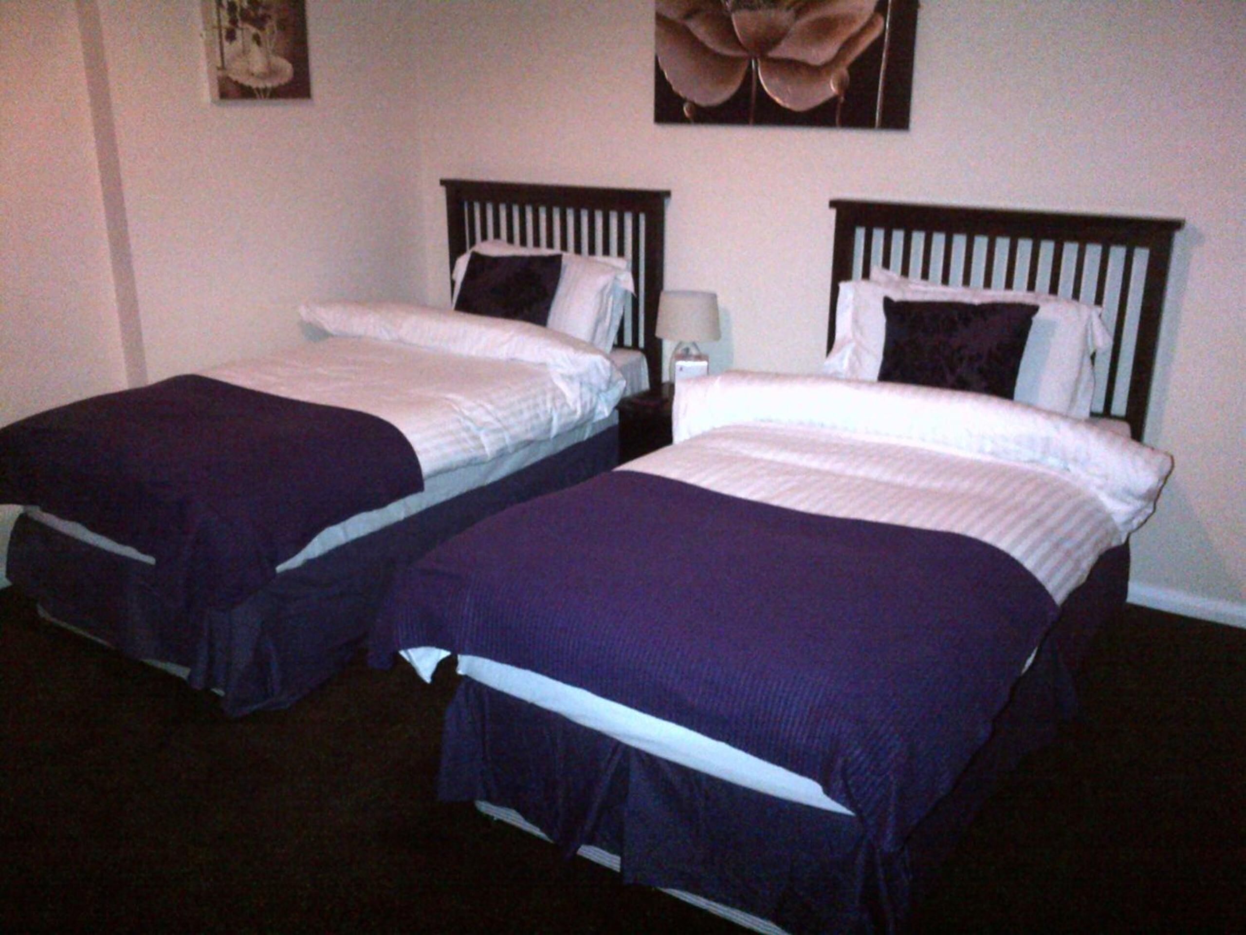 Dos camas individuales con ropa de cama azul oscuro y almohadas blancas, una mesita de noche con lámpara, y una decoración floral en la pared.