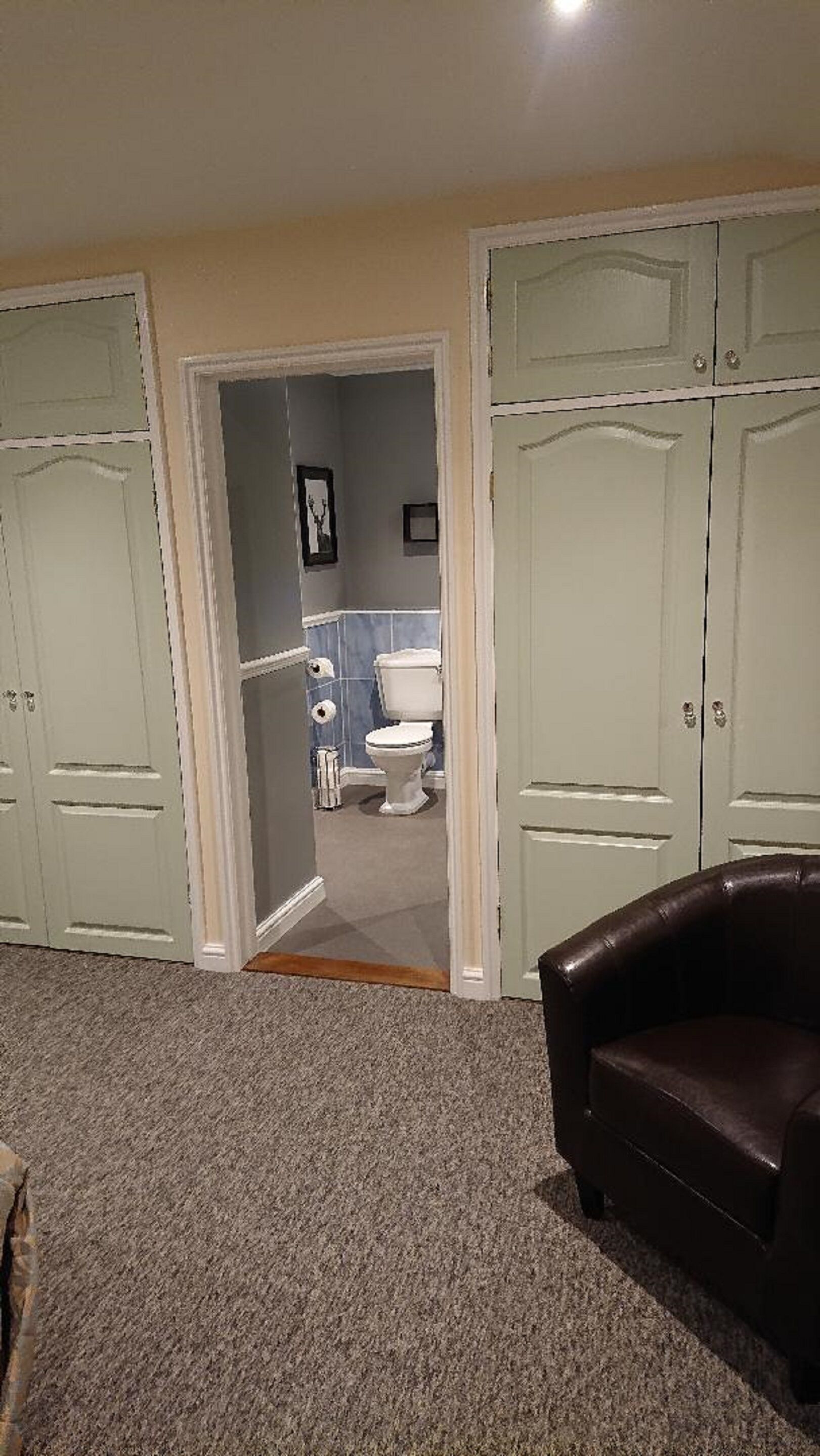 A room with a brown leather chair, a door leading to a bathroom with a toilet and blue tiles, and a closet with light green doors.