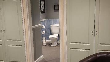 A room with a brown leather chair, a door leading to a bathroom with a toilet and blue tiles, and a closet with light green doors.
