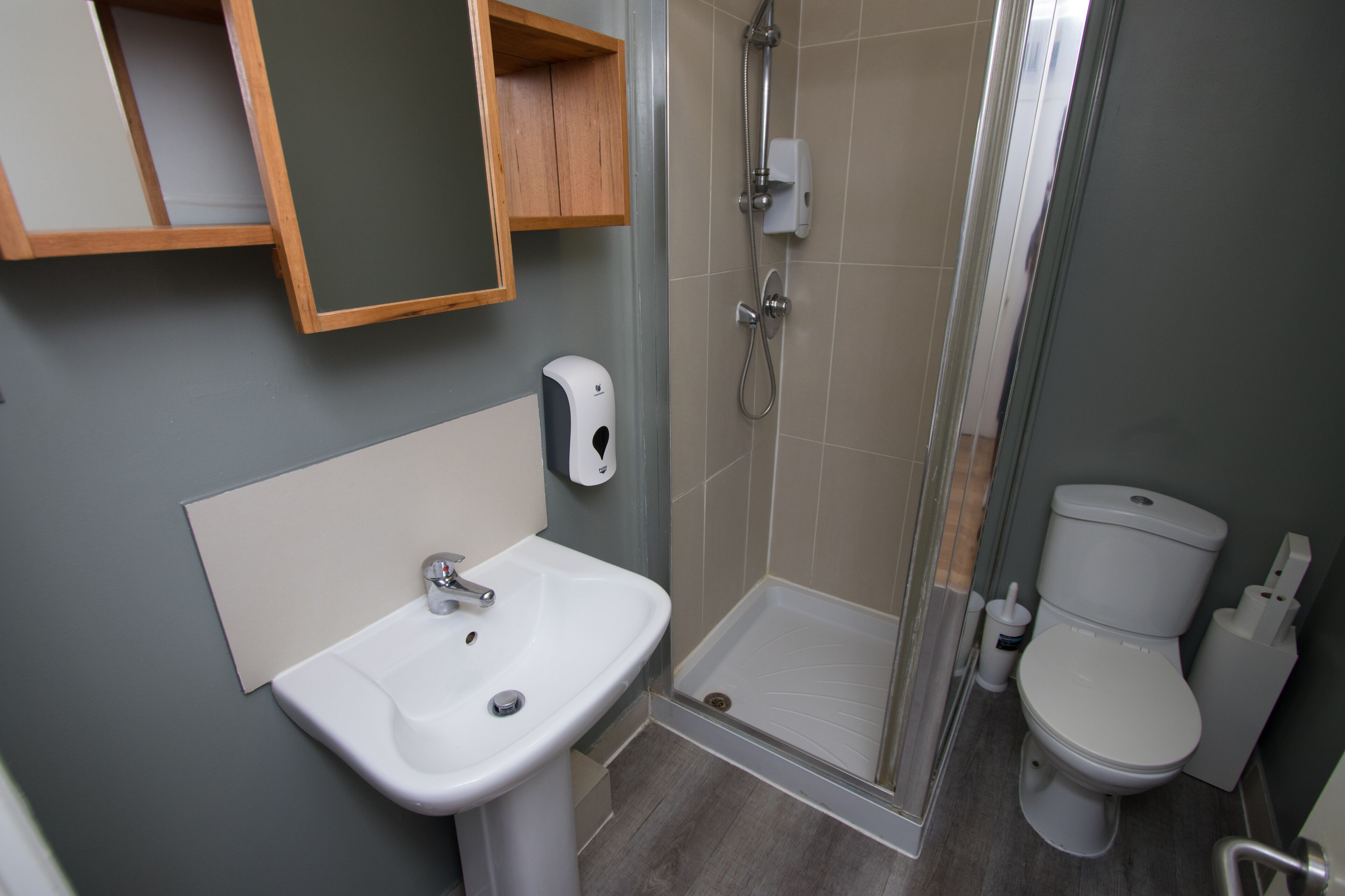 Un baño con lavamanos, inodoro y ducha.