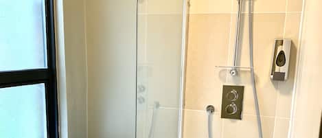 Une salle de bain avec une baignoire, des toilettes et une douche.