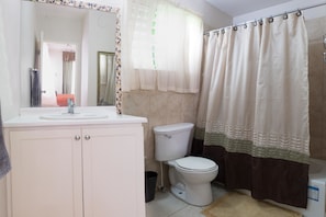 A bathroom with a white sink, toilet, and shower curtain. - Wellington Cove (Kingston)