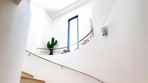 Un escalier avec une balustrade en verre, un cactus sur la plateforme et une porte bleue en arrière-plan.