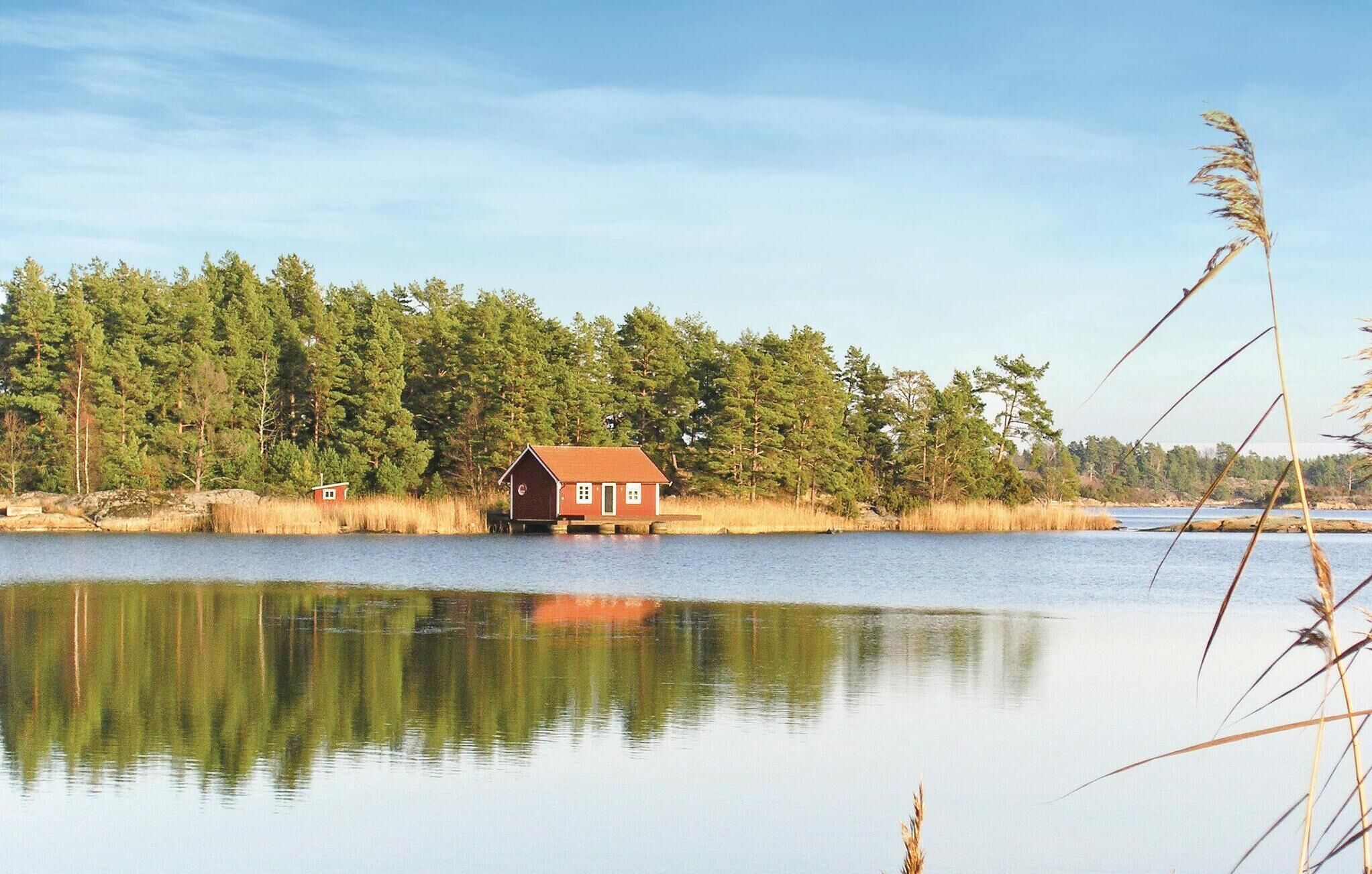 A cabin by a calm lake surrounded by dense forest.
