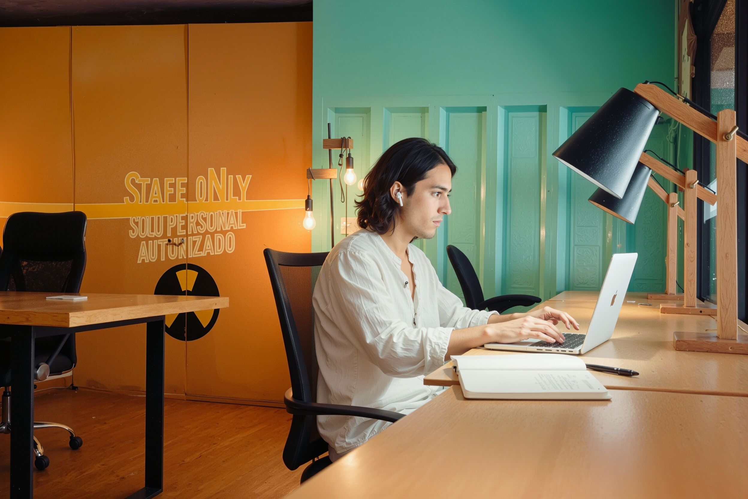 A person working at a desk with a laptop, in a room with a wooden table, a black chair, and a wall with text.