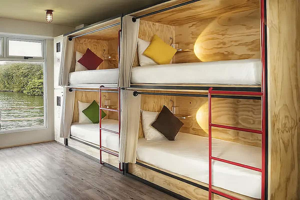 A room with bunk beds, wooden walls, and a window with a view of greenery.