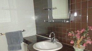 A bathroom with a white sink, a mirror above it, and a potted plant on the counter. - Residence Yoff Toundou Bya (Dakar)