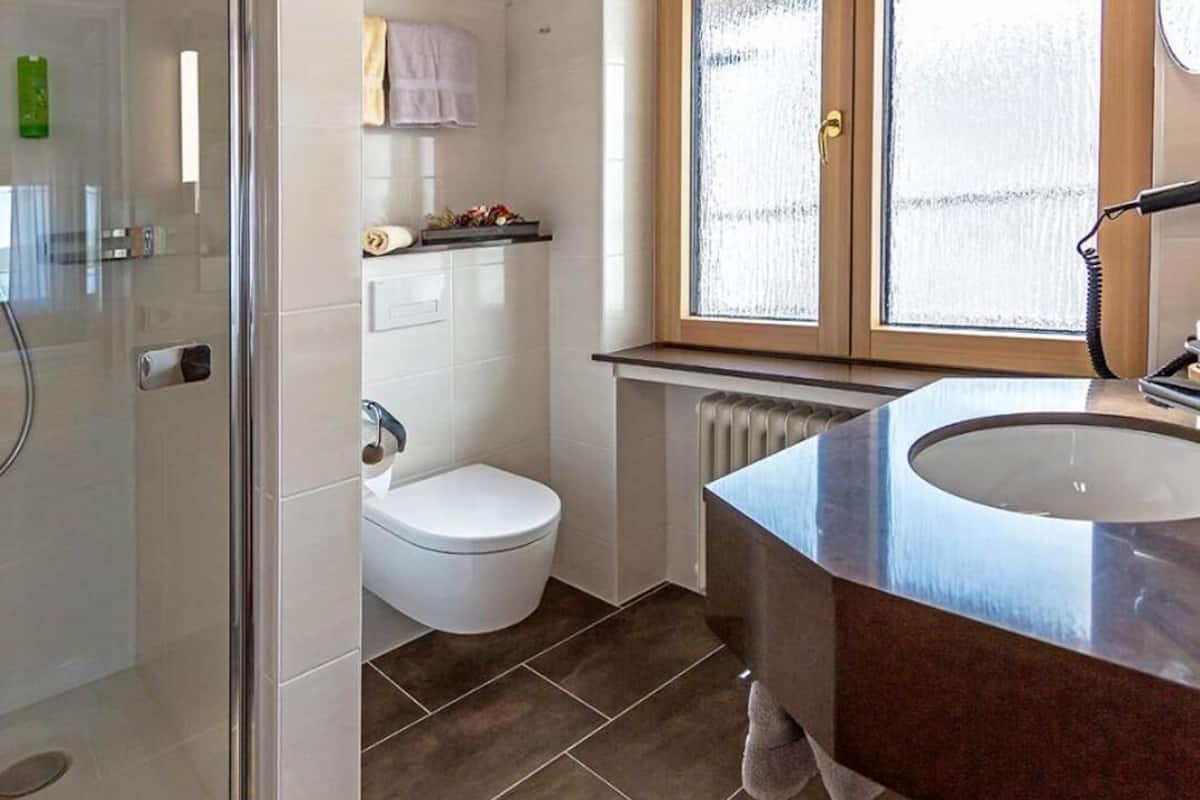 shower, free toiletries, hair dryer, towels