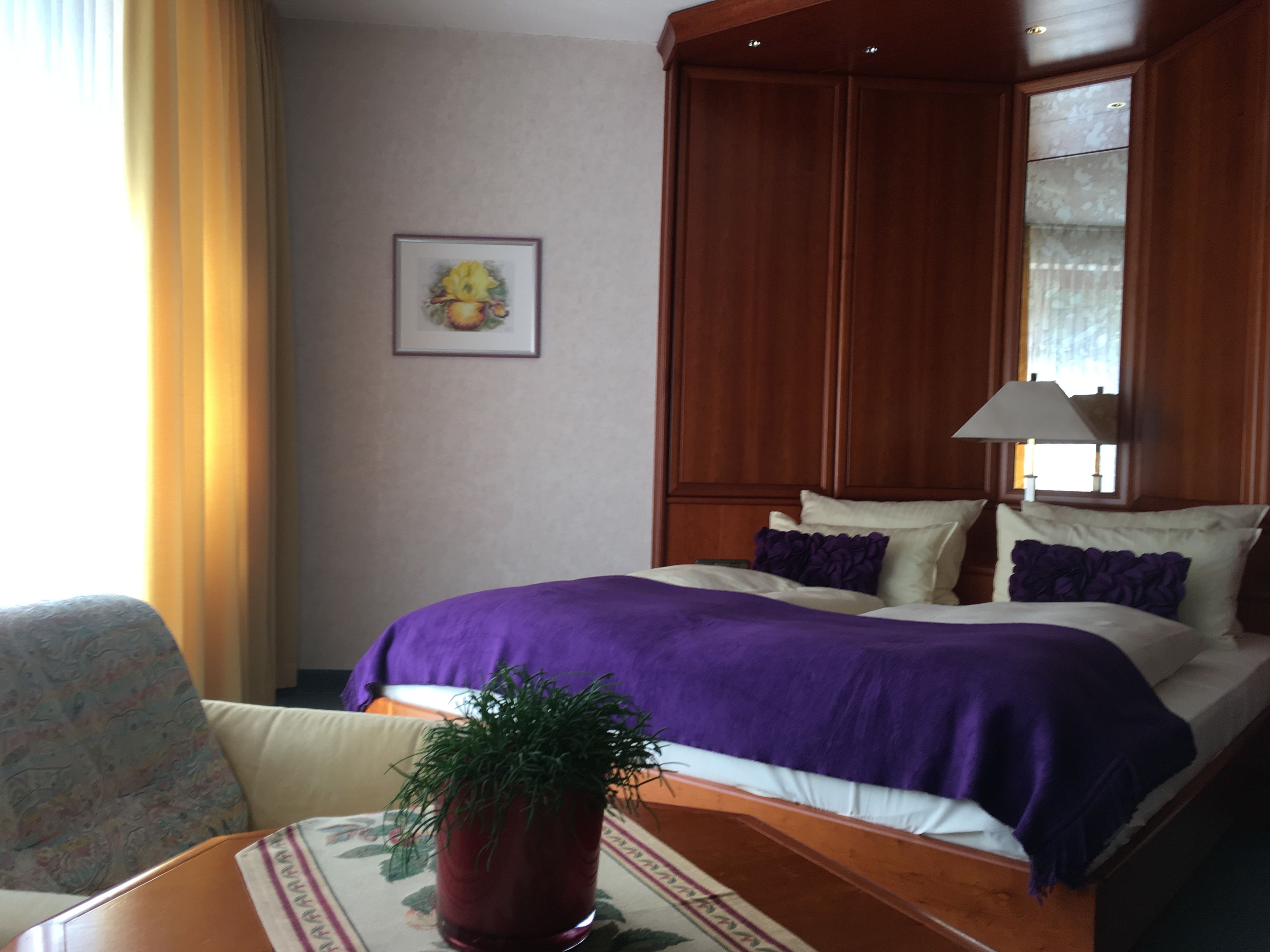 Una habitació d'hotel amb un llit, una cadira, una taula, una planta en test, un quadre amb marc a la paret i una finestra amb cortines.