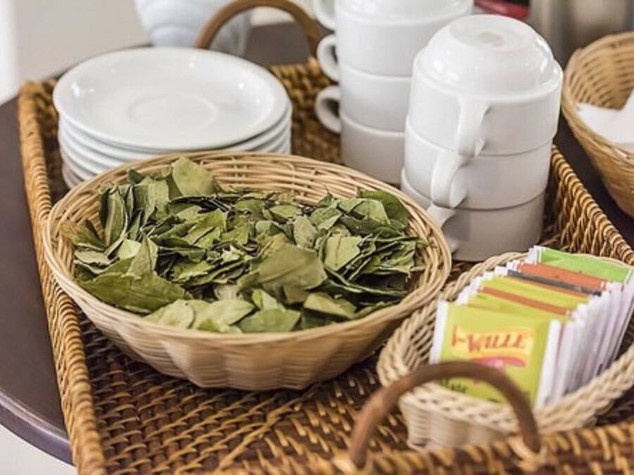 A tray with a basket of green leaves, white teapots, and stacked white plates.