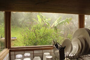 Ein Küchenfenster mit Blick auf Grünflächen und einem Geschirrgestell mit Geschirr und Besteck.