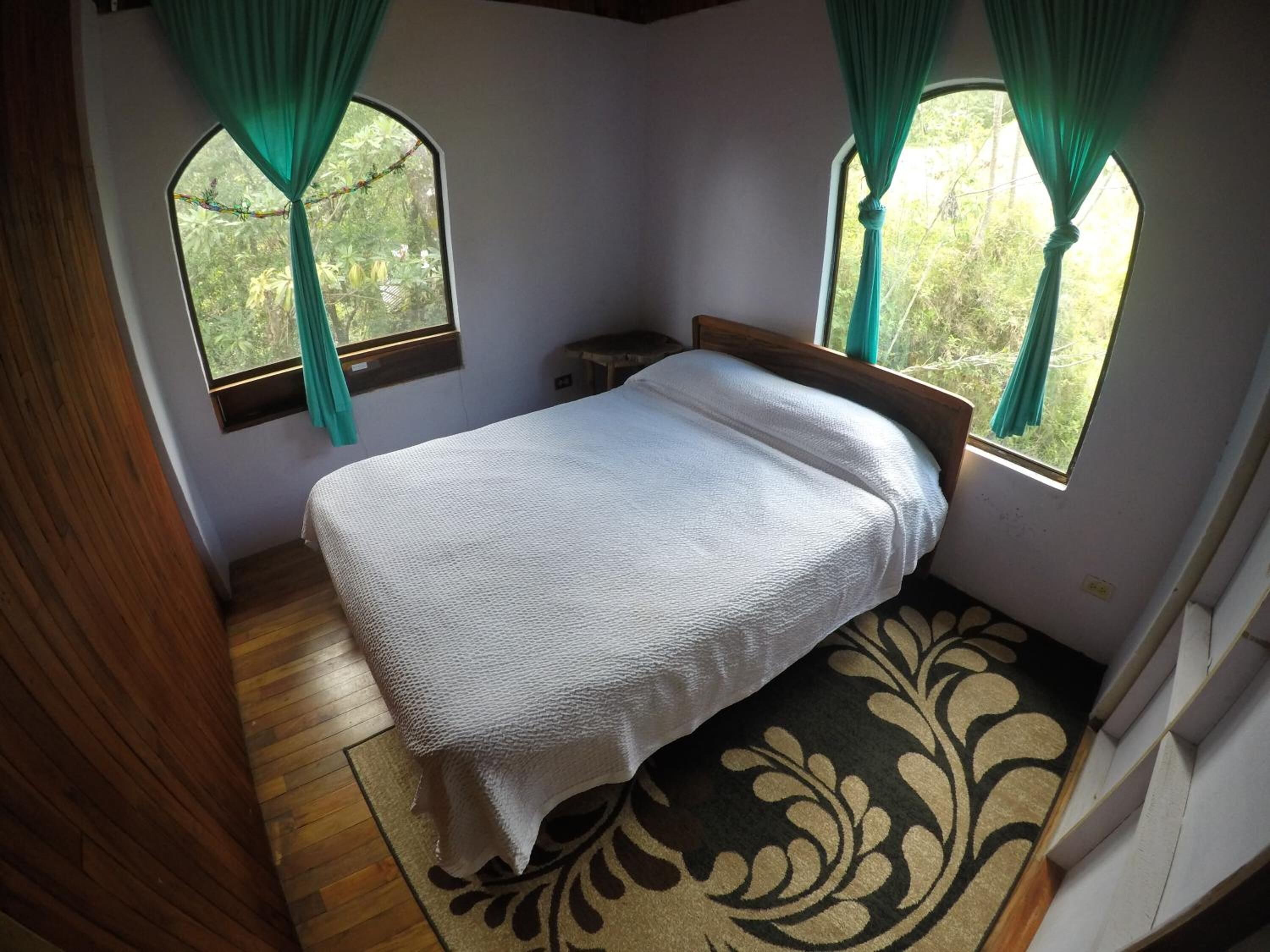 A small, cozy bedroom with a single bed, two windows with curtains, a wooden floor, and a patterned rug.